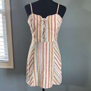Aeropostale Striped Lace-Up Spaghetti Strap Dress in Coral, Cream & Mustard